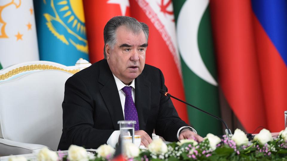 In this March 30, 2021 file photo, President of Tajikistan Emomali Rahmon speaks at the 9th Ministerial Conference of the Heart of Asia - Istanbul Process in Dushanbe, Tajikistan. 